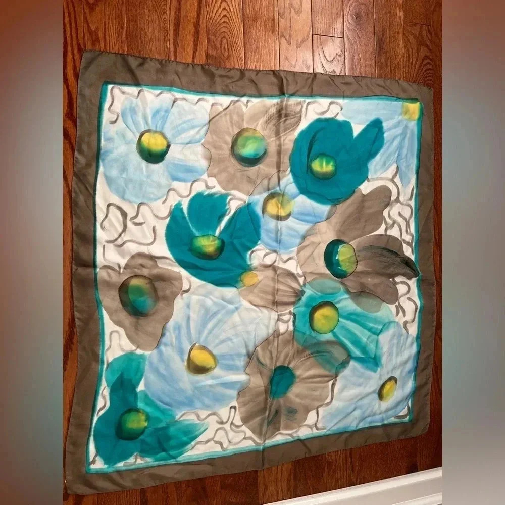 Floral Silk Scarf in Blue and Brown